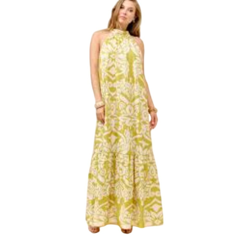 MSK Halter Maxi Dress Chartreuse Floral Paisley Tiered Tie Neck Medium